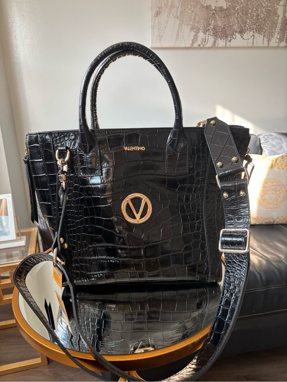 Valentino Black Croc-Embossed Satchel with Gold V Emblem” authentic “